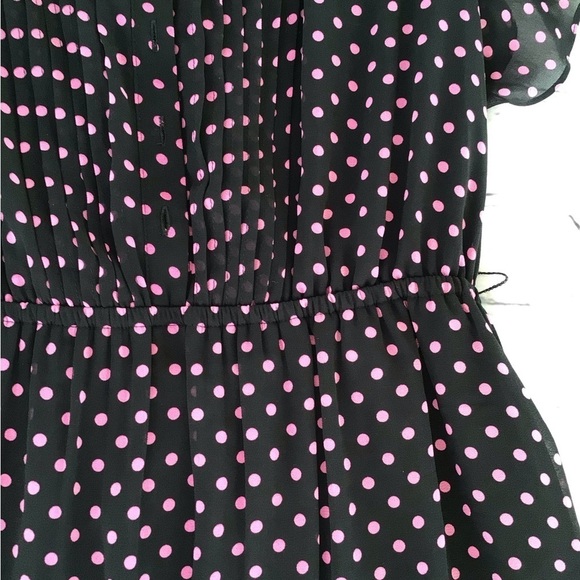 DR2 women pm black pink polka dot flutter short sleeves tie elastic waist dress - Picture 9 of 10